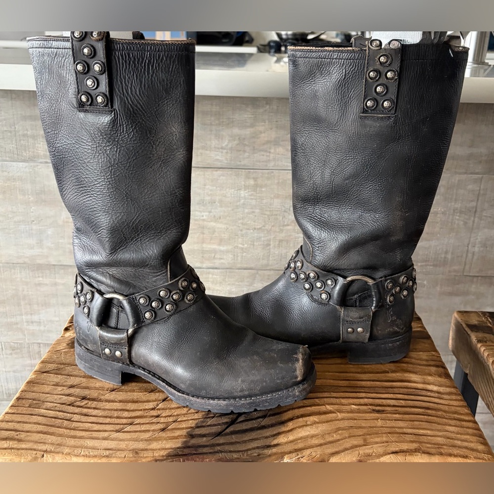 Frye Black Leather Studded Harness Motorcycle Boots
